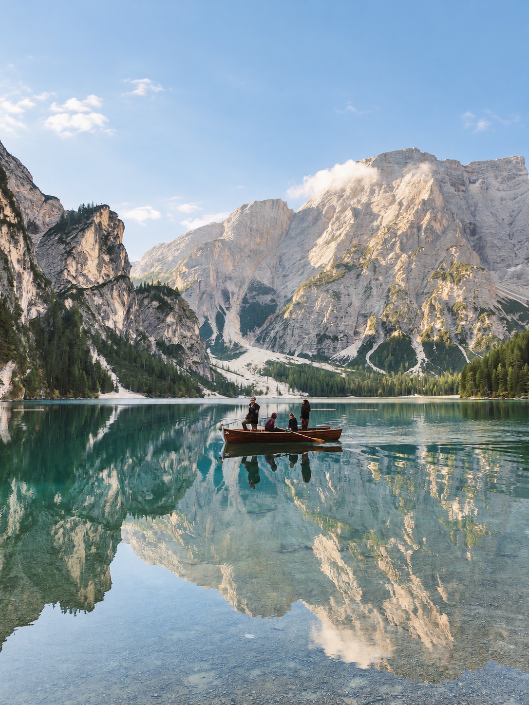 People enjoying a quiet boat ride on Lake Braies, Italy