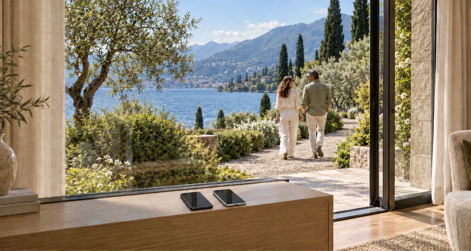 Two phones rest with their screens off inside a private suite while a couple walks together beside the lake.